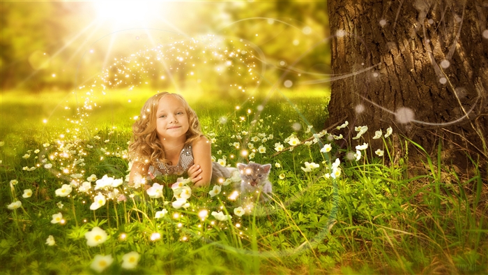 Cute Girl and Kitten in a Magical Meadow 4K