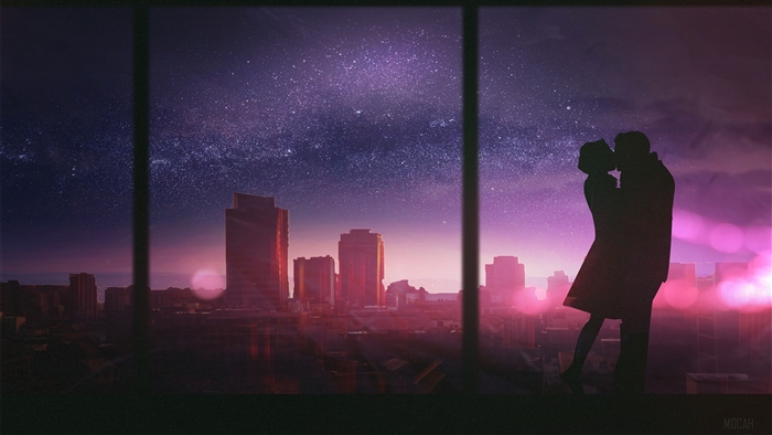 Couple's First Kiss Over Cityscape Under Starry Sky 4K