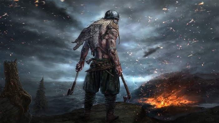 Viking Warrior with Axes in a Burning Landscape 4K