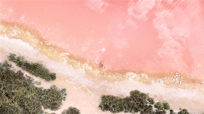 Person relaxing in pink salt lake