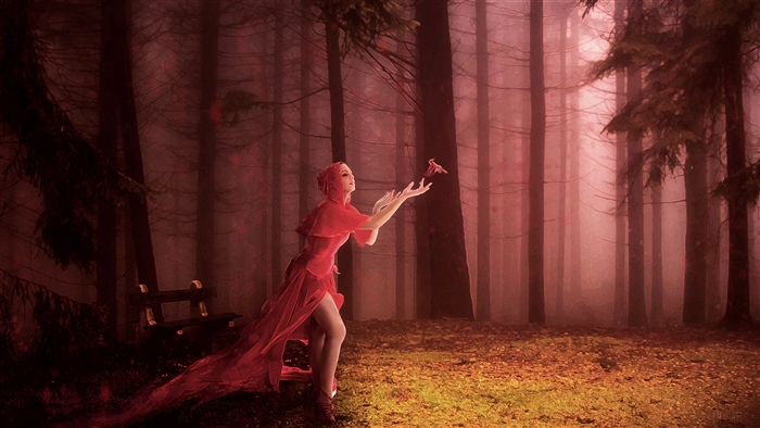 Red Woman in Forest 4K