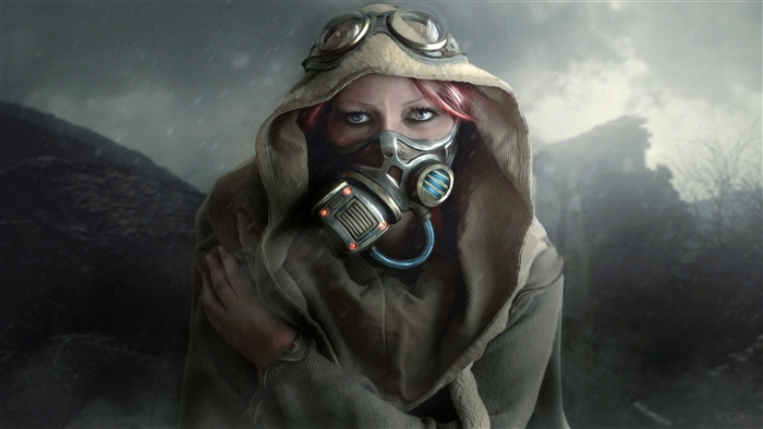 Woman in gas mask and goggles on a cold day 4K