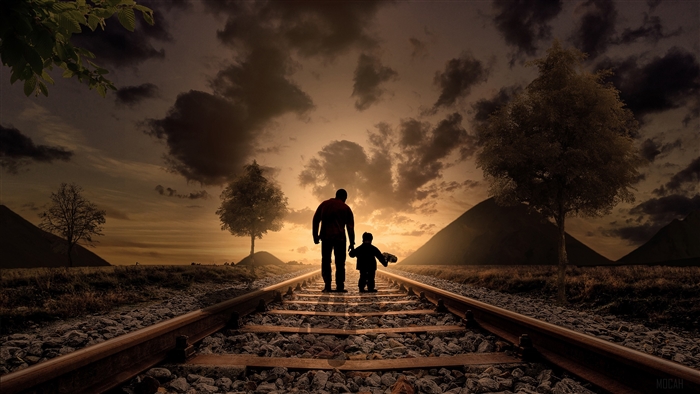Father and Son on Railroad Tracks at Sunset 4K