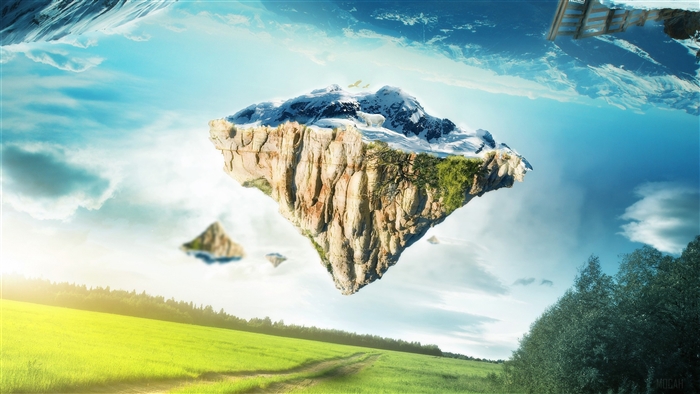 Floating Islands with Mountains and Green Fields 4K