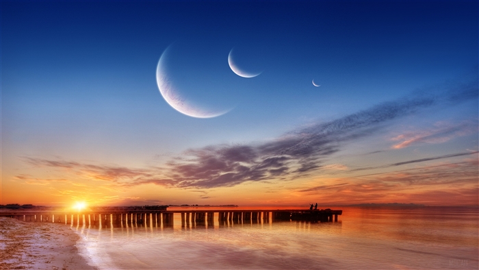 Three Moons Over a Pier at Sunset 4K