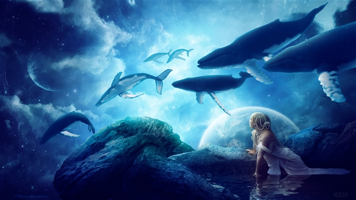Whales and a Woman in a Dreamscape 4K