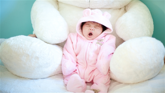 Cute Baby Yawning in Pink Bear Costume 4K