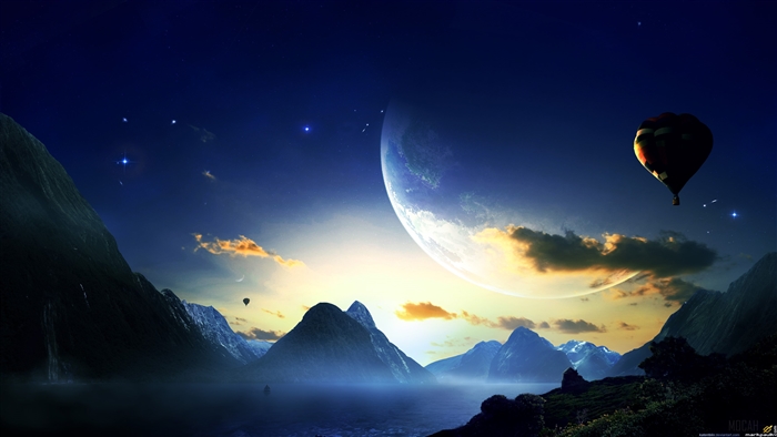 Hot Air Balloon Flight Over Mountains with Planet