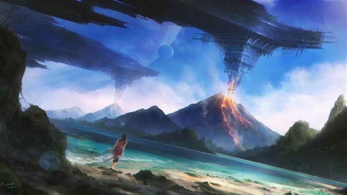 Futuristic alien landscape with volcanoes and spaceships 4K