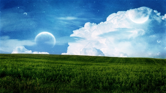 Green Field Under a Sky with Planets and Clouds 4K