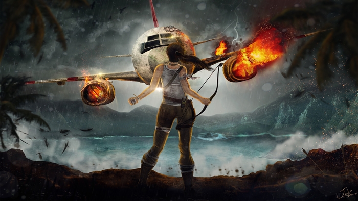 Lara Croft from Tomb Raider with a burning airplane