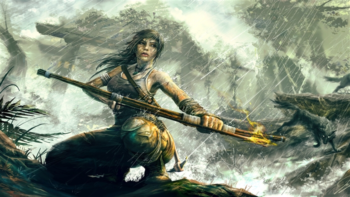 Lara Croft from Tomb Raider in the rain