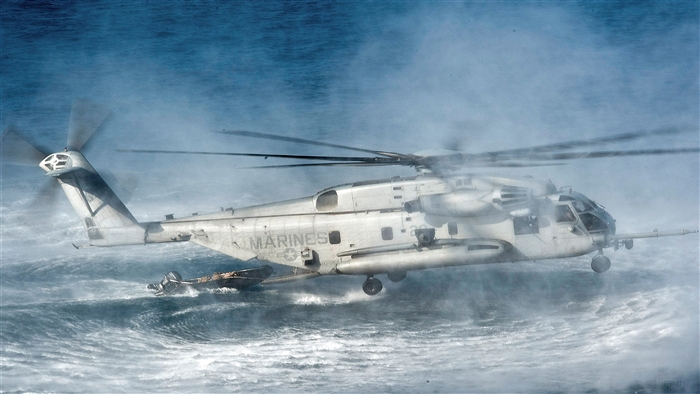 CH-53E Super Stallion Helicopter over rough seas