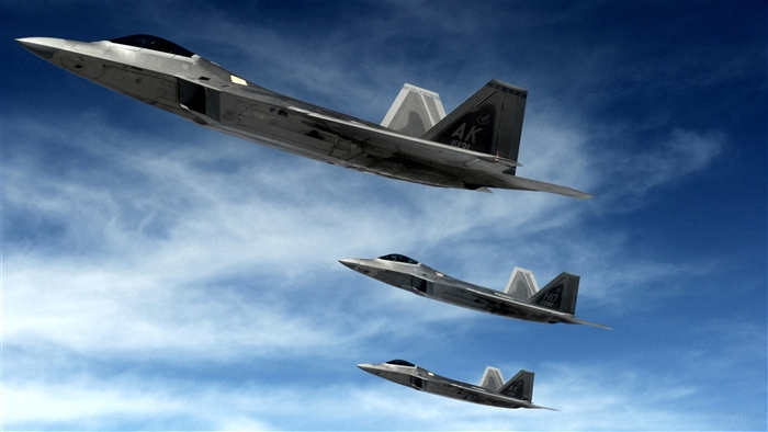 F-22 Raptors flying in formation