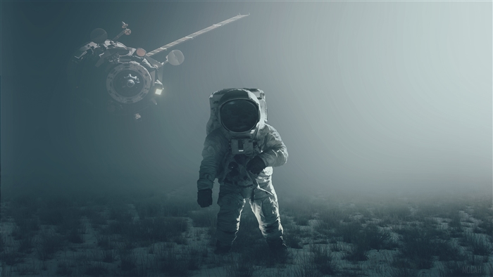 Astronaut and Satellite in Foggy Environment 4K