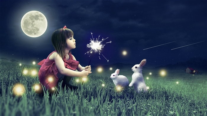 Girl with Sparkler and Rabbits under the Moon 4K