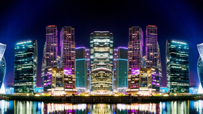 Moscow City skyscrapers at night, 4K