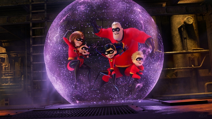 The Incredibles family inside a purple energy sphere