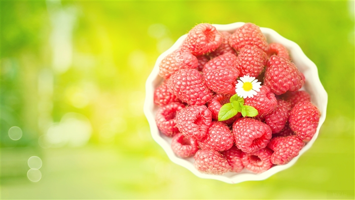 Bowl of Raspberries with Daisy and Mint