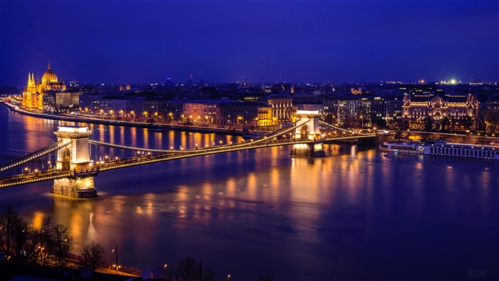 Chain Bridge over Danube River in Budapest at Night