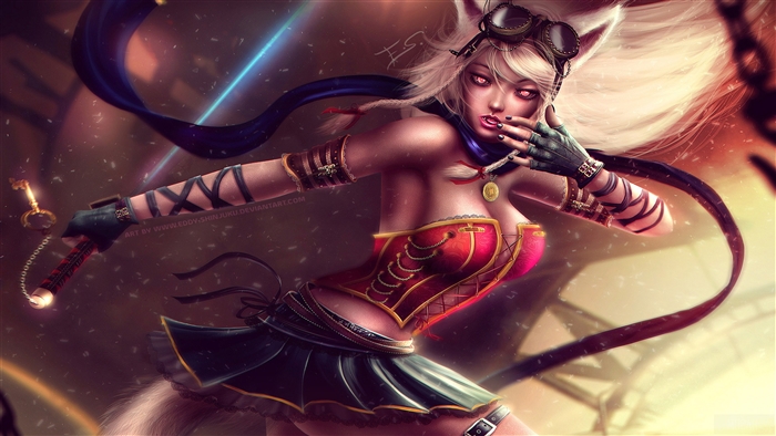 Steampunk fox-girl with goggles and whip 4K