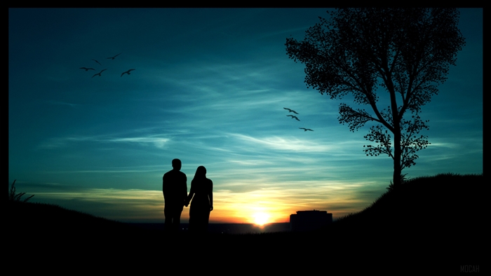 Couple Holding Hands at Sunset with Birds