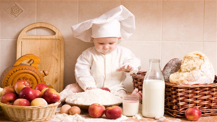 Cute Chef Baby with Flour and Apples 4K