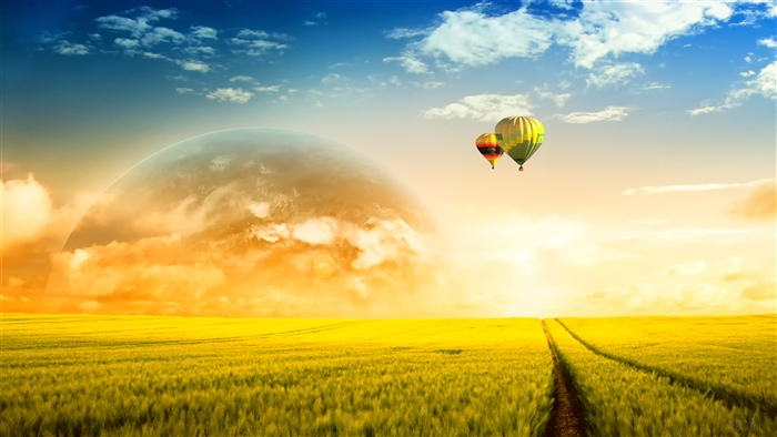 Hot air balloons over a wheat field with a planet