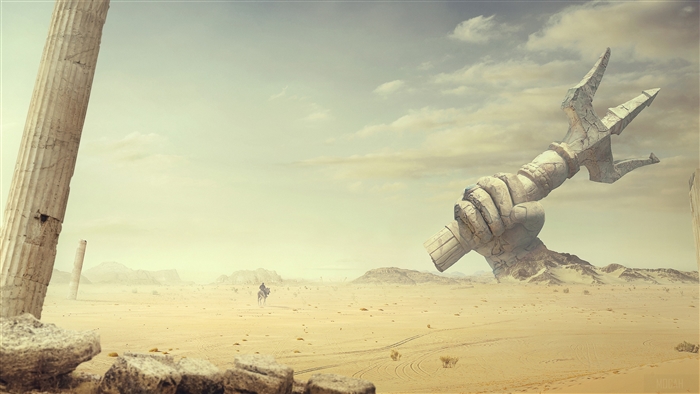 Giant Stone Hand Holding Trident in Ancient Desert Ruins 4K