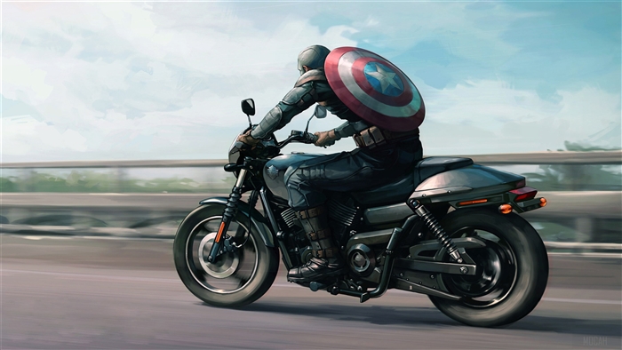 Captain America riding a Harley Davidson motorcycle