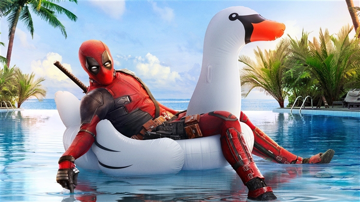 Deadpool from Deadpool 2 on a swan float