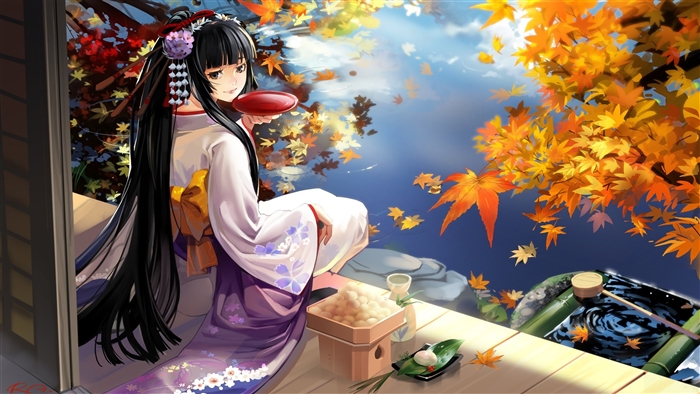 Anime Geisha in Kimono by a Pond with Autumn Leaves 4K