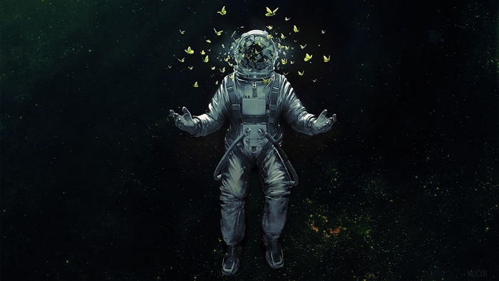 Astronaut with butterflies in space 4K