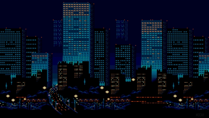 Pixelated Cityscape at Night with Lights