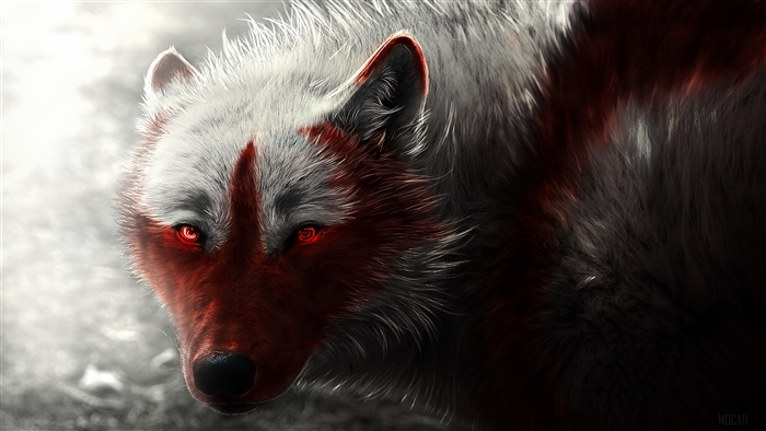 Artwork of an Arctic wolf with red markings 4K