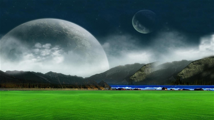 Fantasy landscape with planets and mountains 4K