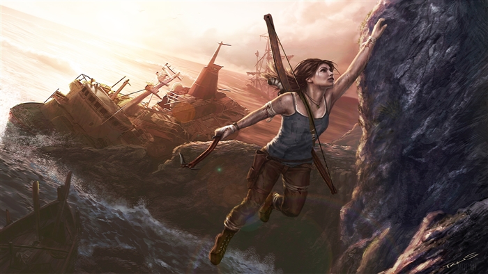 Lara Croft climbing a rock with shipwrecks in the background