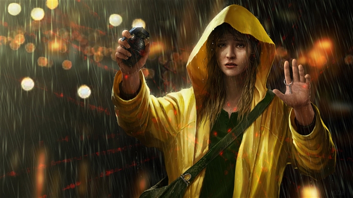 Girl in Yellow Raincoat Holding Grenade in Rain 4K