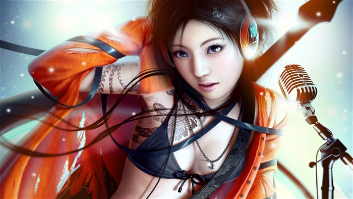 Fantasy girl singing with headphones and microphone 4K