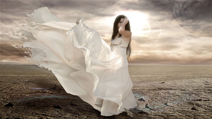 Fantasy Girl in White Dress in Desert Landscape 4K