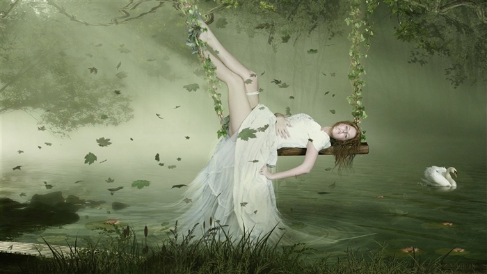 Fantasy Girl on a Swing in a Misty Forest