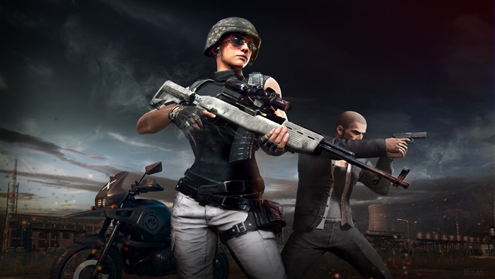 PlayerUnknown's Battlegrounds characters with weapons and motorcycle 4K