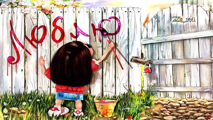 Girl painting "Love" on a fence