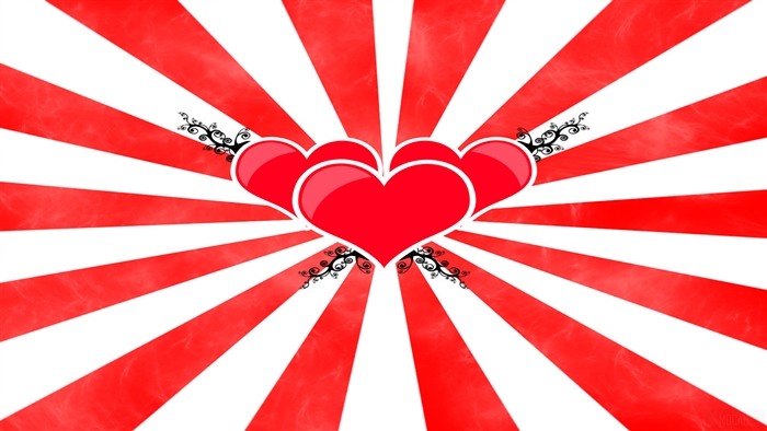 Three Red Hearts with Swirls on Red and White Sunburst Background 4K