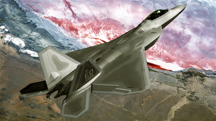 F-22 Raptor flying over a desert landscape