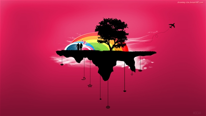 Couple on a floating island with a rainbow and airplane