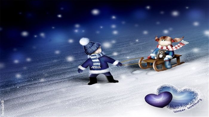Children pulling a sled in the snow