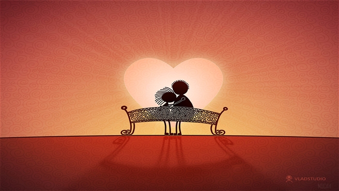 Couple Embracing on a Bench in Front of a Heart