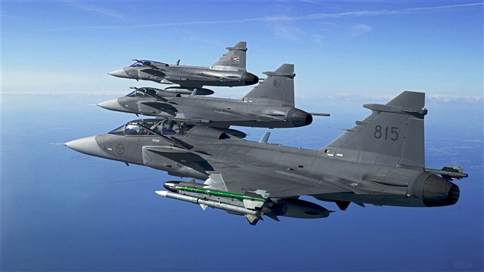 Three Saab JAS 39 Gripen Fighter Jets in Formation