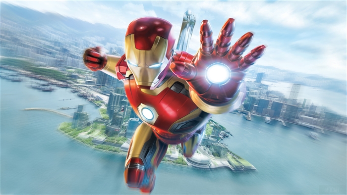 Iron Man from Marvel flying over Hong Kong